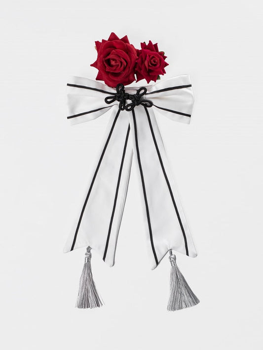 Roses White Brooch Red Bow