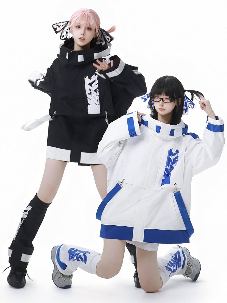 Blue and White Jirai Kei  Techwear Straps Design Hooded Windbreaker Jacket
