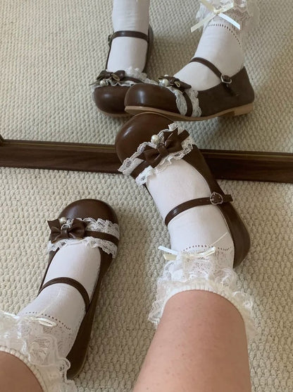 Mary with Round Buckle Heel Bow - Sweet Lace Lolita Toe Charm 1cm/3.5cm Brown Trim Bead Heart Janes PU