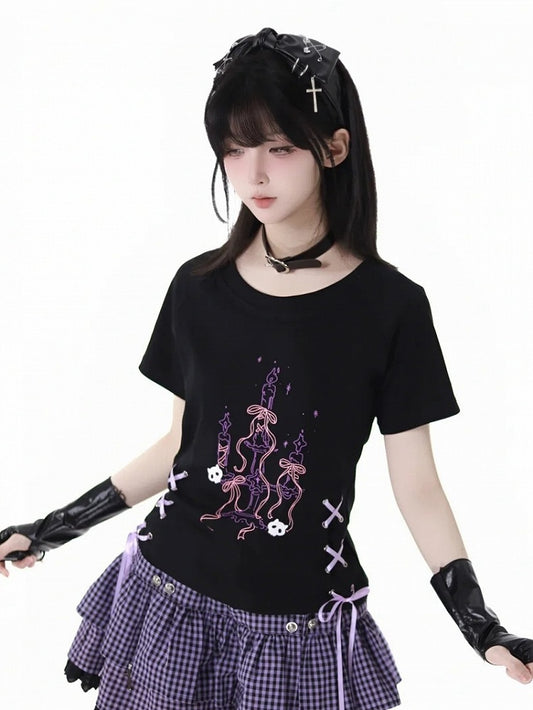 T-Shirt Black Round Neck Lace-up Waist Graphic