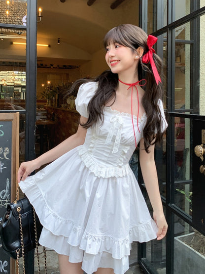 White Ruffled Square Neckline Puff Sleeves Tiered Ruffles Sweet Dress