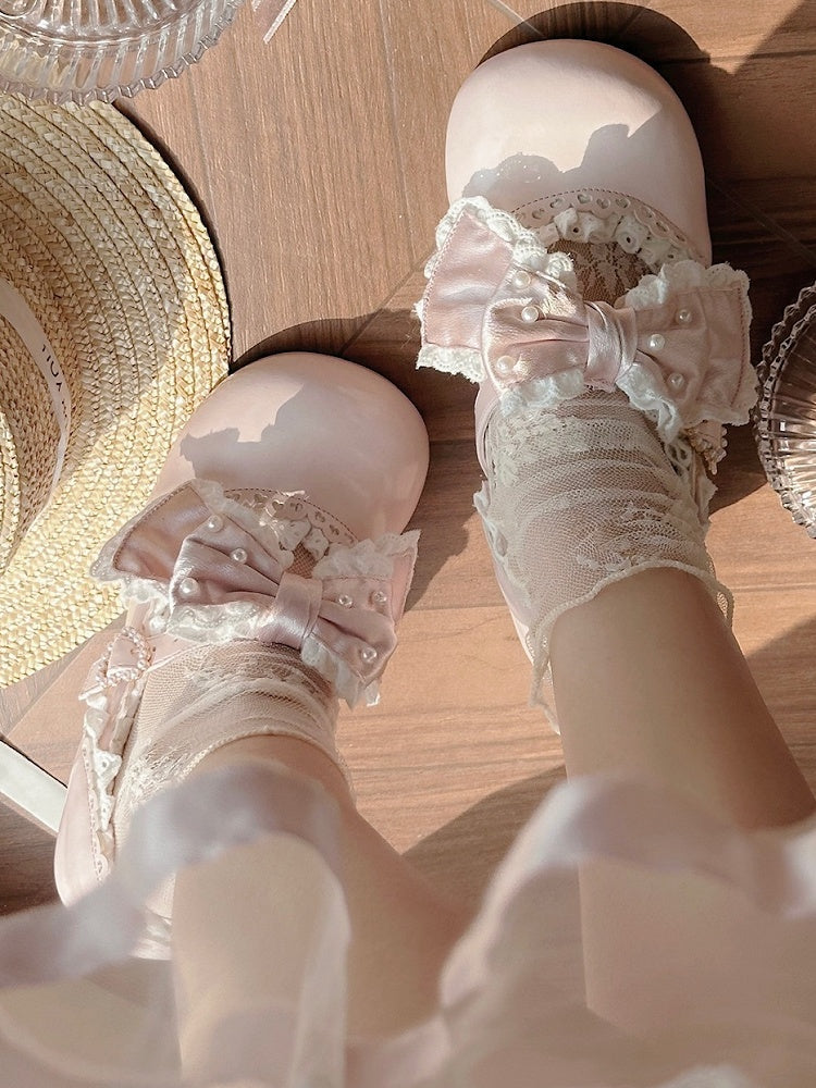 - Hem Lolita Pink Trim Lace Mid-heel Scalloped Shoes Sweet