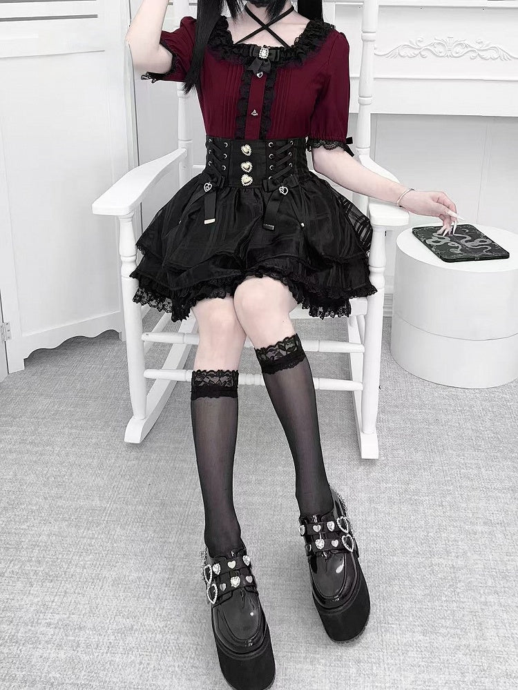 Wine Rhinestones Red Square Neckline Jirai Kei Blouse with Pleating Details  Heart