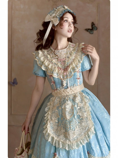 Embroidered Blue Classic Lolita OP Dress with Scallop Lace Trim