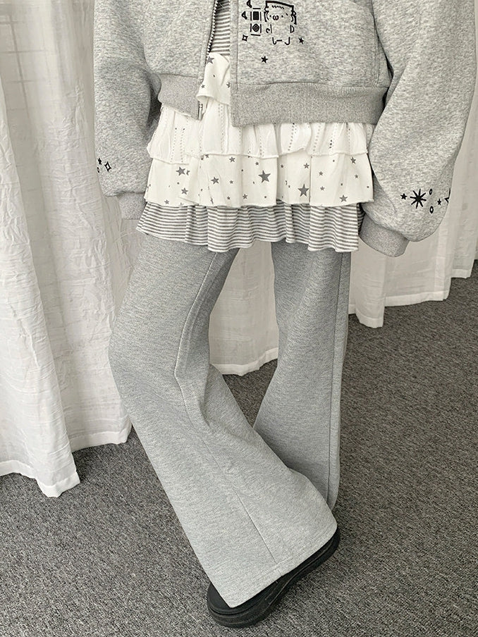 Waist Flared Rhinestone Gray Drawstring Pants with Heart Design