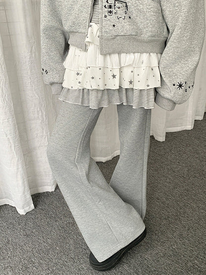 Waist Flared Rhinestone Gray Drawstring Pants with Heart Design
