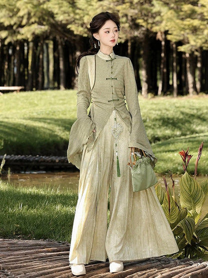 Asymmetrical Green Long-Sleeved Top with Pleated Pants Outfit, Modern Chinese Style - Han Ru Chu Hanfu &amp; Han-Element Studi