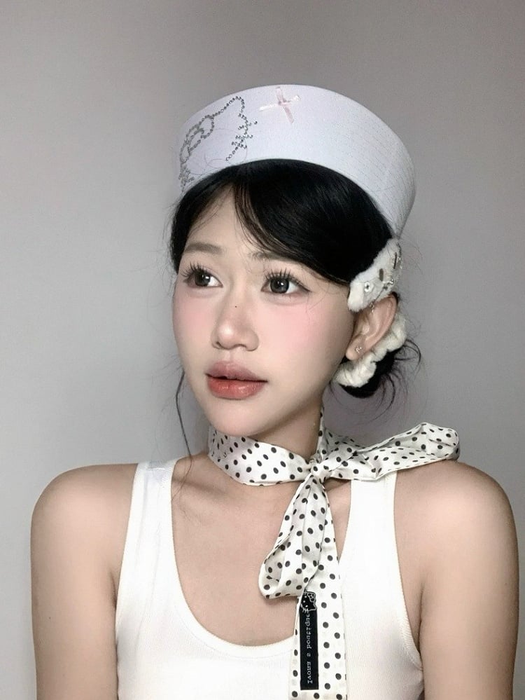 2-Color Sailor Hat with Cat Rhinestone Decoration - IVONA boutique