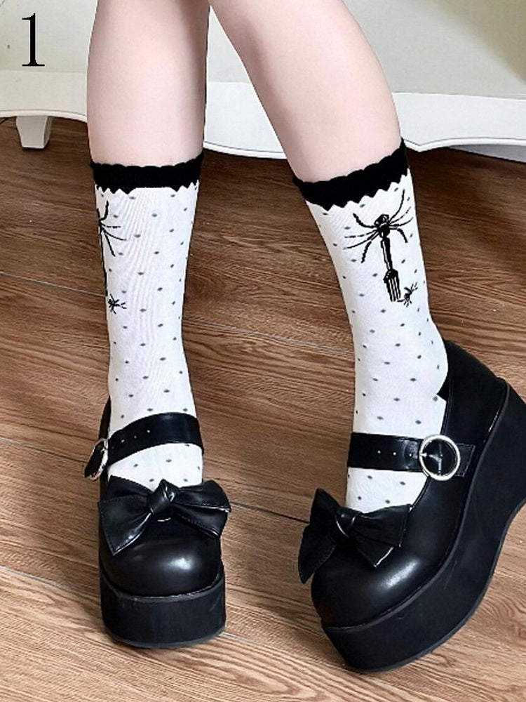 Spider Polka-Dot Socken Lolita Kalb Schwarz Gabel Muster
