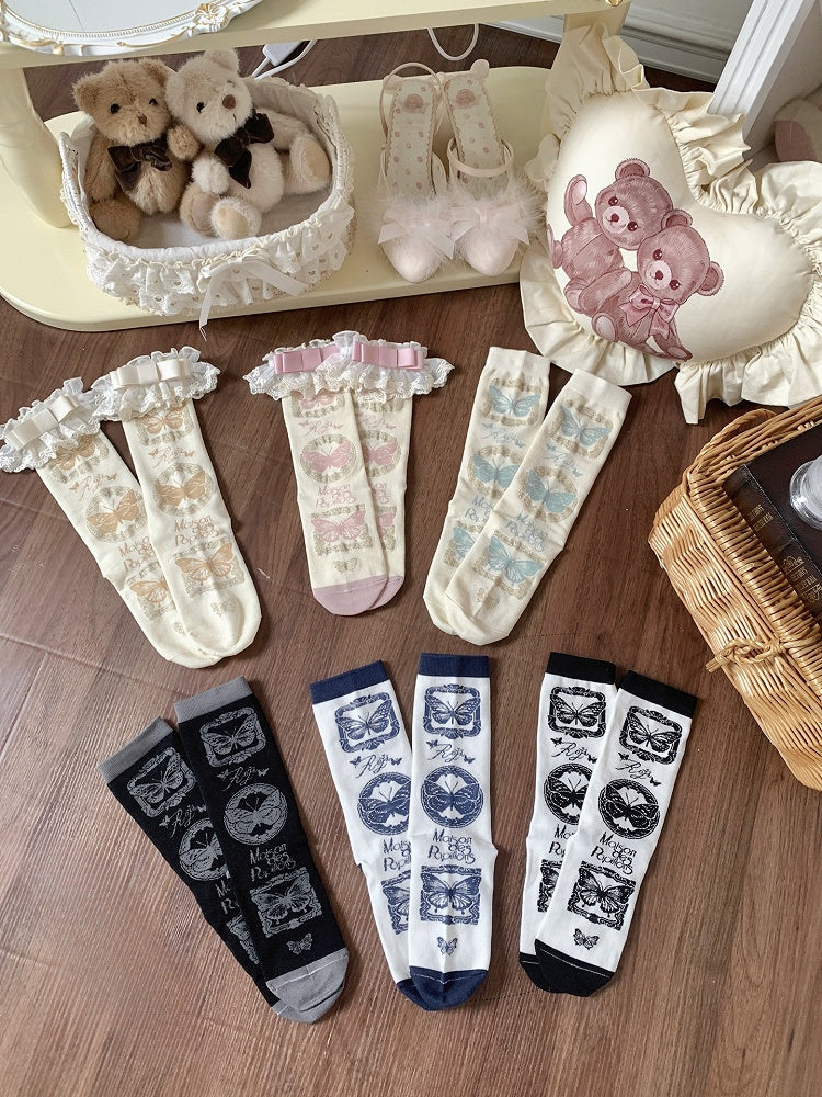 Color Pattern Socks + Cuff Butterfly 5 Detachable Bow Options Lace Calf