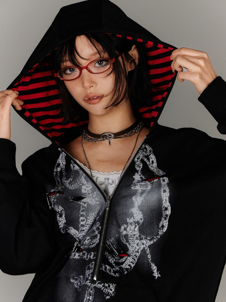 Two-pieces Hoodie Graphic Accents Holes Y2K Black Distressed Pin Faux