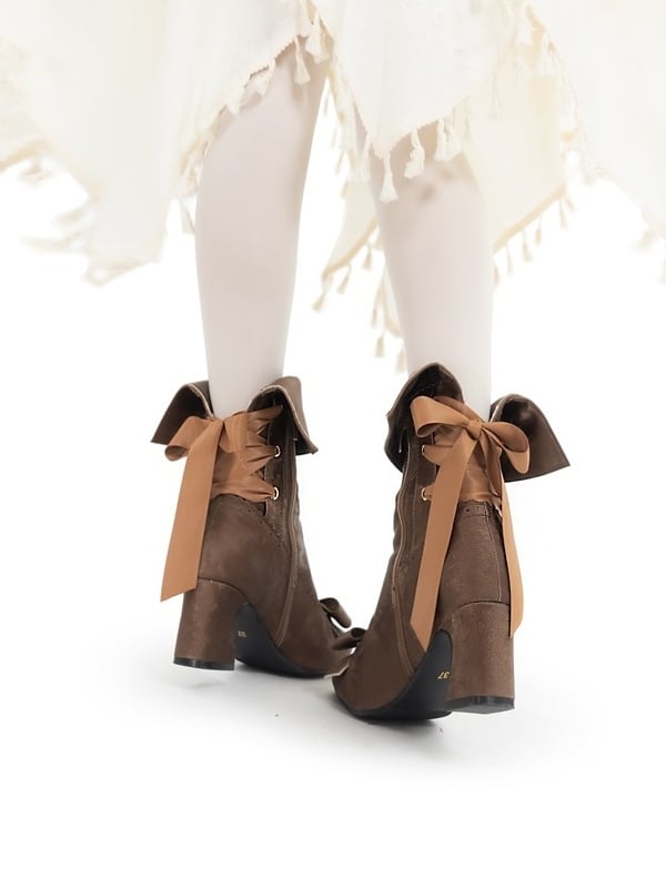 Convertible Scalloped Brown Bow High-heel in Boots Trim Top Boot Delicate Top， Elegant Lolita