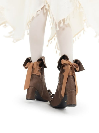 Convertible Scalloped Brown Bow High-heel in Boots Trim Top Boot Delicate Top， Elegant Lolita