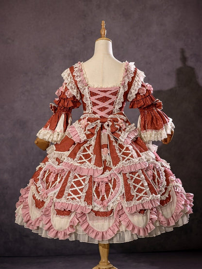 赤い花嫁ロゼット刺繍の花とビーズチェーンのディテールロリータOPフルセット