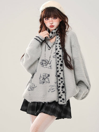 Grauer, lockerer Pullover mit V-Ausschnitt und kostenlosem Schal