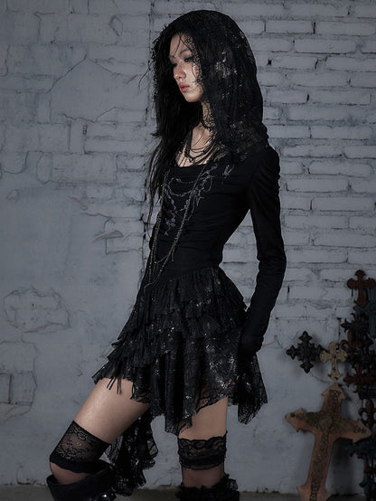 Asymmetric Tiered Lace Dress Cross with Hood Black Hem Print Punk