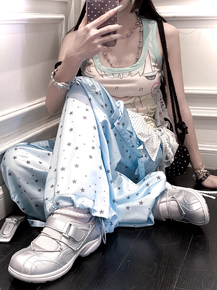 Allover Waist Blue Wide-leg Cargo Pants Star Print Drawstring