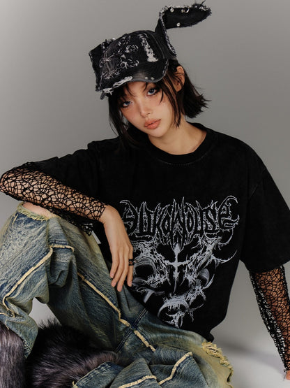 Fischnetz Langarm Top Punk Schwarz Hohl-out