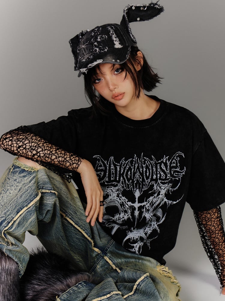 Vintage Distressed Baumwoll T-Shirt Schwarz/Weiß Wash Punk Print Verblasst