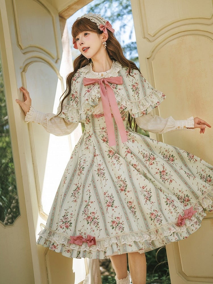 Light Green Floral Print Classic Bustier JSK Dress with Back Lace-Up - Miss Cube Dressworks