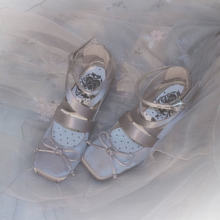 Ballet Square for Crisscross Gray Design Foot Lengh Heels - at 36 23cm Size Clearance Middle Elegant Toe Knotted Bow Top Satin