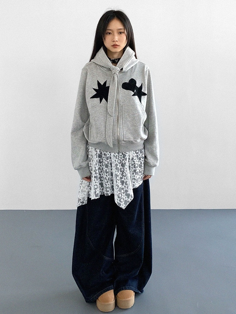 Star Heart Grey Jacket Hooded Patches with