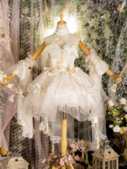 Lolita Fairycore Kleid JSK Beige Volles Design Prinzessin und Set Schmetterling Blumen