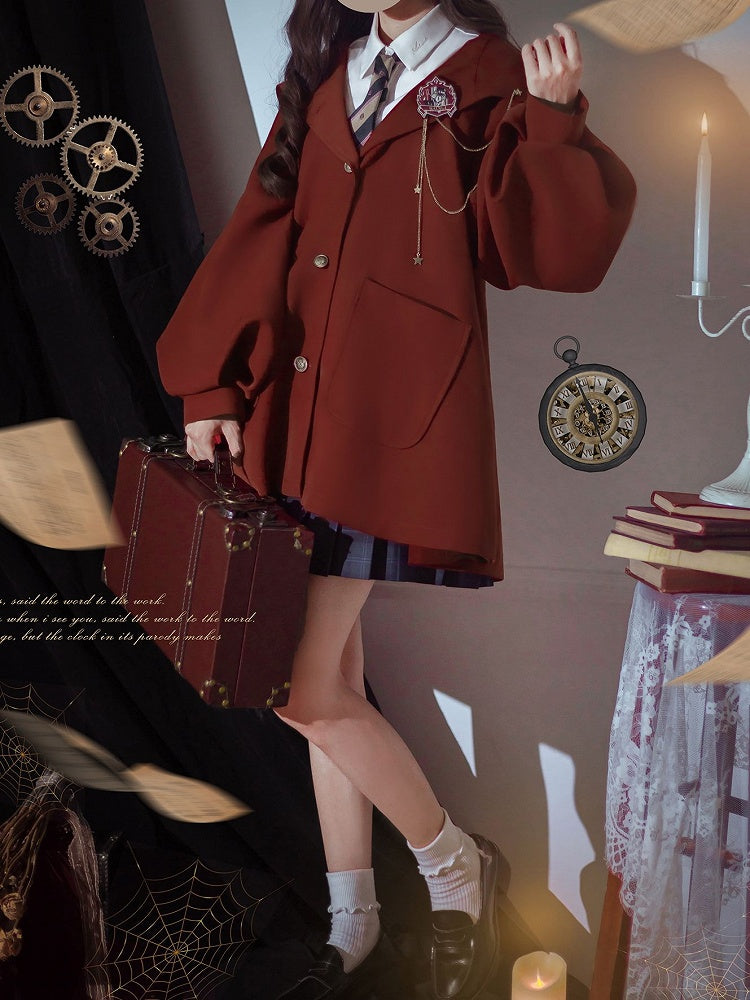 Red Winter Autumn Preppy Vintage Hooded Coat and Brick Version Regular/Thicken for