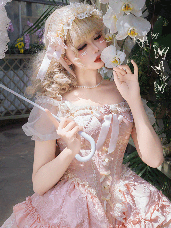 mit JSK Big Bow Fabric Hime Lolita Balletcore Pink Puffy Dress mit baskischer Taille und Jacquard-Schleppe