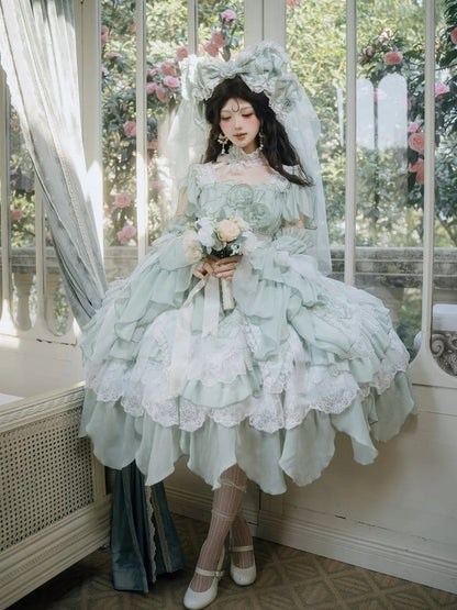Hanayome Short Lolita Flowing Accents Dress Green Layered Version JSK Ruffles with Light Rose