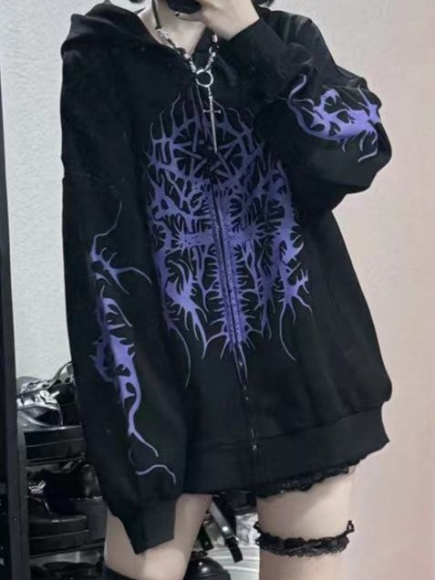 Gothic with Cross Hoodie Black Zip-Up Print Purple