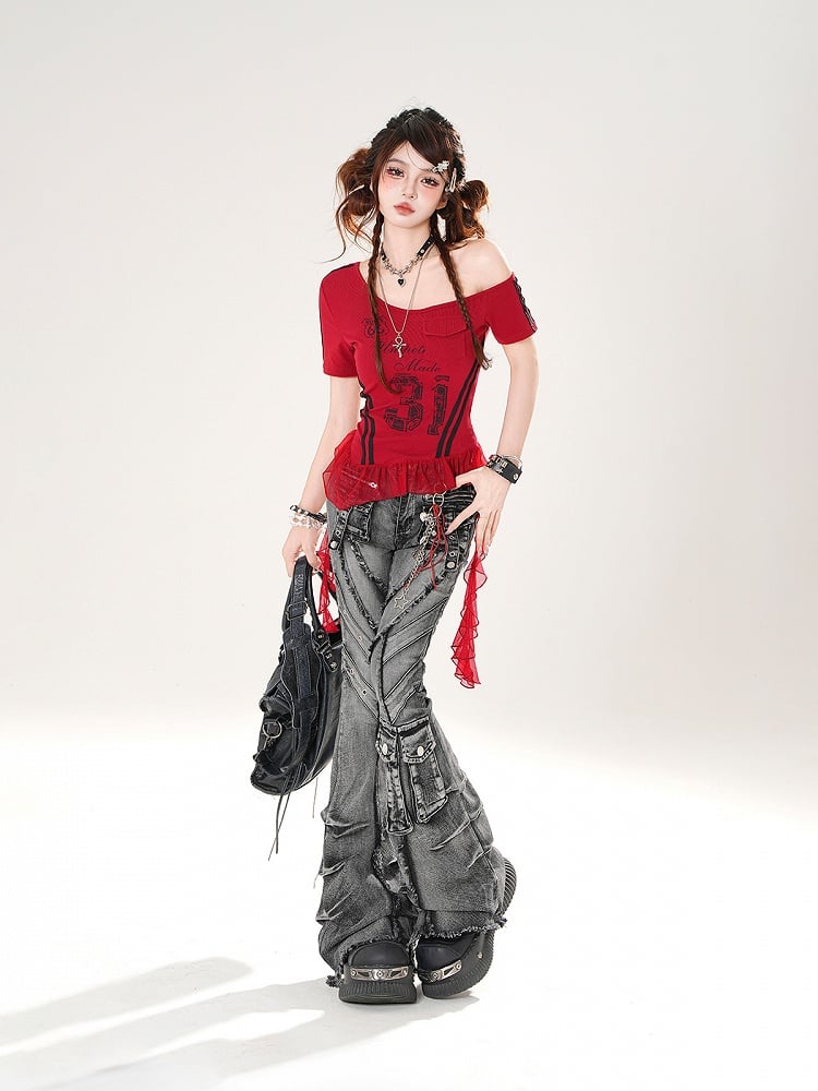 Wash Flared Jeans Cargotaschen Roher Saum Distressed Faded Schwarz