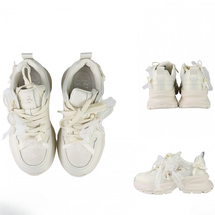 Bowknot Details Lace-up Front Ties White Beaded Decorated Sneakers