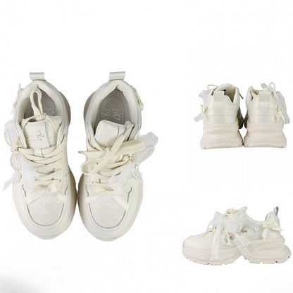 Bowknot Details Lace-up Front Ties White Beaded Decorated Sneakers