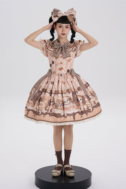 Süßes Lolita-Kleid mit kurzen Ärmeln und Welpen- und Keks-Print in Gelb