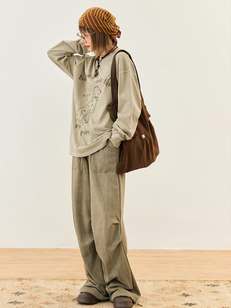 Cut Pants Belt Drawstring Vintage - Straight-leg Self-tie Unisex Khaki
