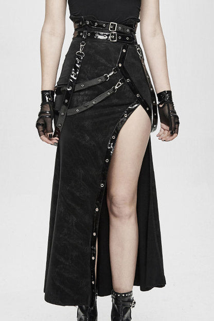 Black High Side Slit Sexy Adjustable Loop Gothic Half Skirt for Women
