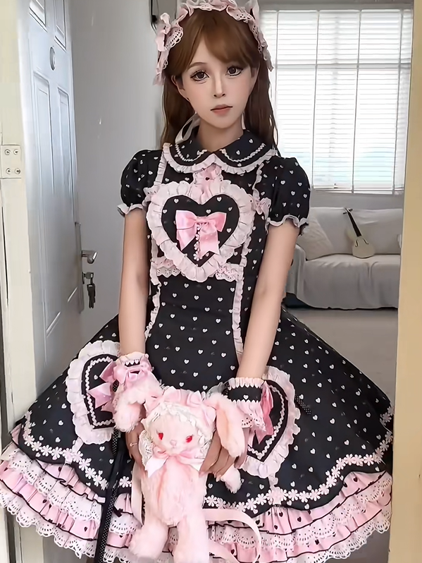 Heart Sweetheart Applique Lolita Sweet Dot Pink Dress Bow Accents Black with Polka