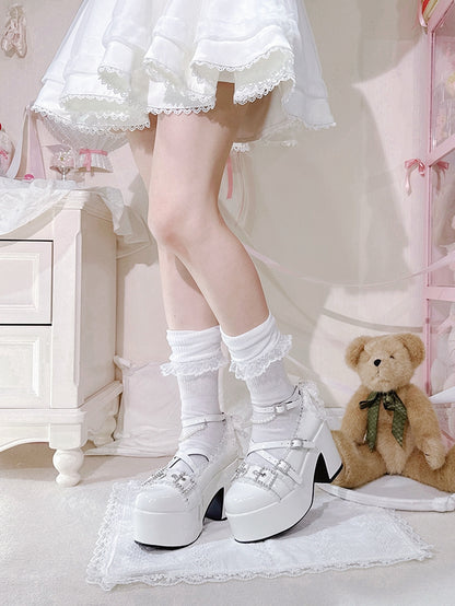 Jirai Shoes Platform Beads Accent White Bow Ruffled Buckles at Kei Top Lace High-heel