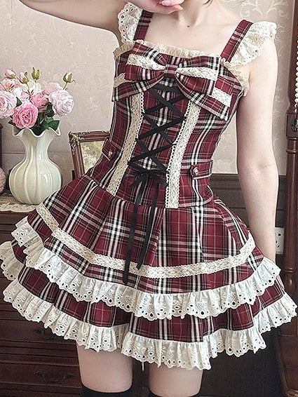 Plaid Dress Red Trim Flutter Sleeves Sweet with Lolita Lace
