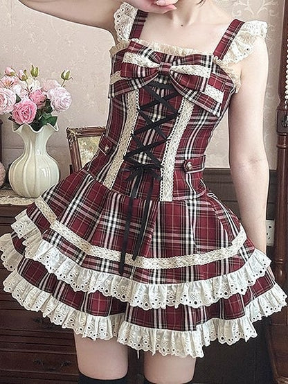 Plaid Dress Red Trim Flutter Sleeves Sweet with Lolita Lace
