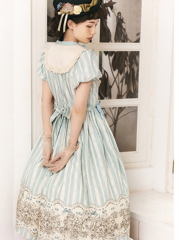 Embroidery One Bodice Piece Blue Floral Striped Classic and Bowknot Version Lolita Pattern Long