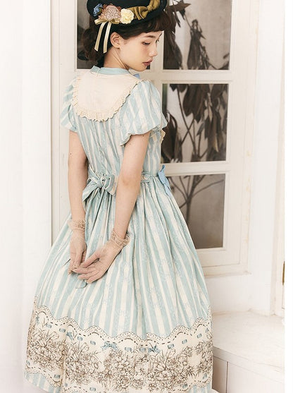 Embroidery One Bodice Piece Blue Floral Striped Classic and Bowknot Version Lolita Pattern Long