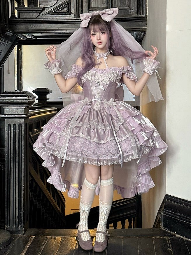 Lace Basque Blooming Flower Accents Hime Fluffy Lolita with Waist Layered Dress Purple