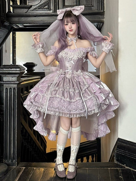 Lace Basque Blooming Flower Accents Hime Fluffy Lolita with Waist Layered Dress Purple
