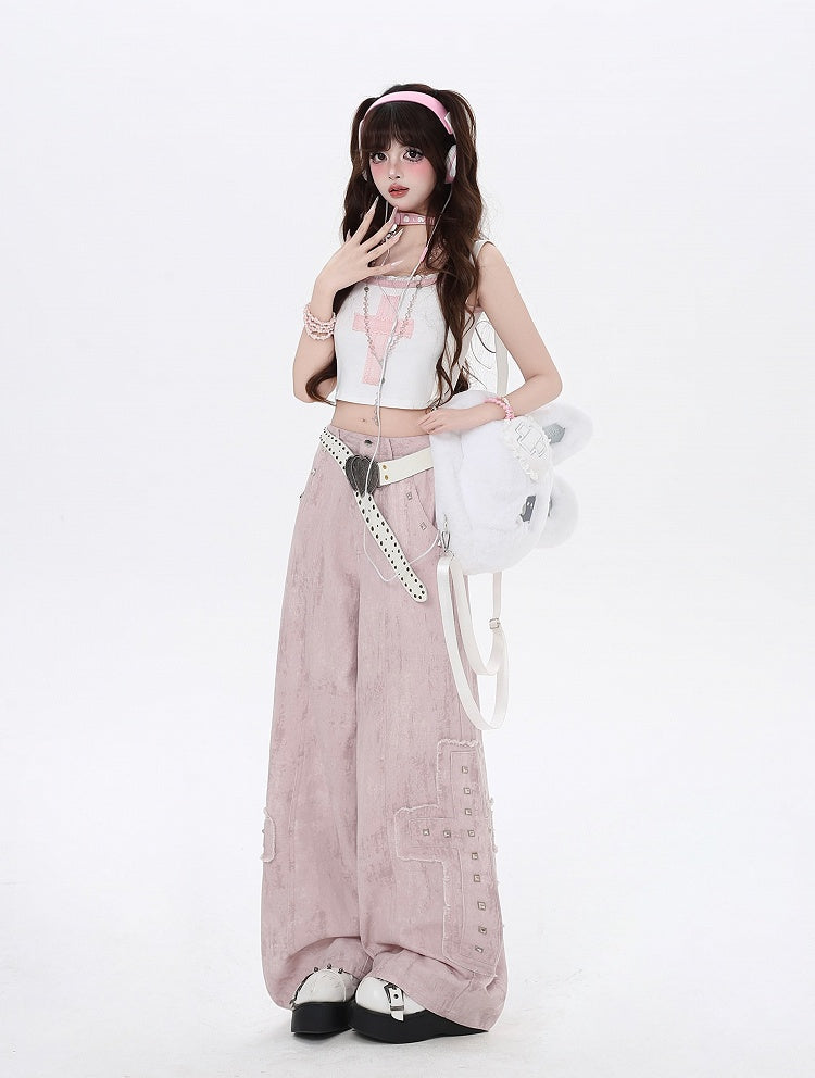 Studded Cross Appliques Wide-Leg Jeans Waist Light Pink Low