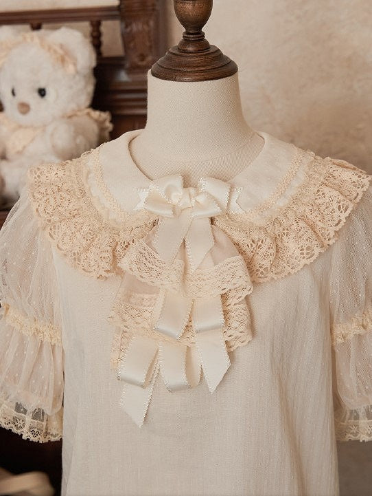 Beige Neckline with Blouse Lace-Trimmed Puff Sleeves