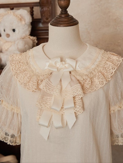 Beige Neckline with Blouse Lace-Trimmed Puff Sleeves