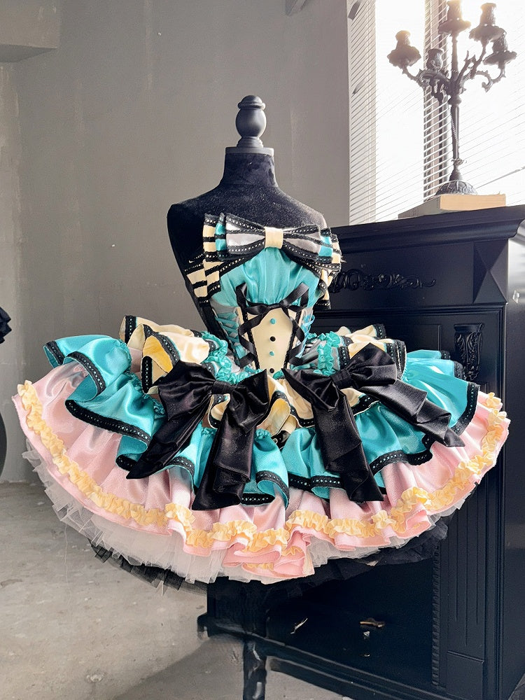 Pink Boned Basque Waist Puffy Dress with Bowknots and Big Padded Heart