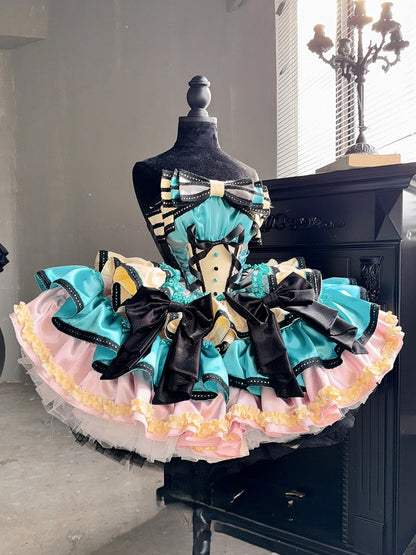 Pink Boned Basque Waist Puffy Dress with Bowknots and Big Padded Heart